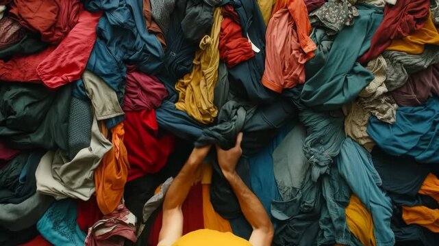 Desperate man drowning in a large messy pile of colorful used clothes representing consumerism