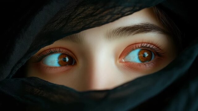 Extreme close-up of a young mysterious woman's beautiful brown eyes looking around