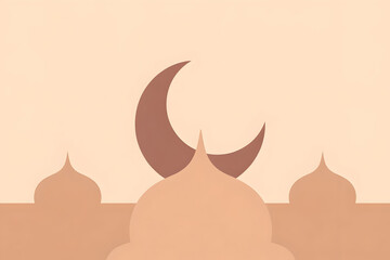 Islamic architecture with crescent moon on domed buildings at sunset