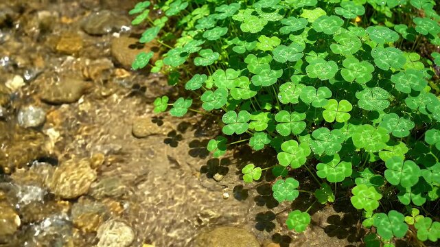 Lush Green Watercress Beside a Gentle Clear Creek with Smooth Stones in Sunlight Nature Environment Background for