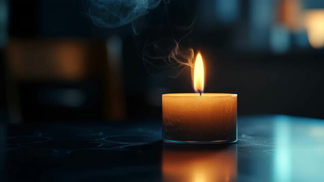 Single candle burning with a flickering flame and rising smoke on a reflective dark surface