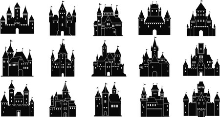 Obraz premium Medieval castle silhouette set featuring fantasy fortress buildings, black vector icons isolated on white background architecture collection