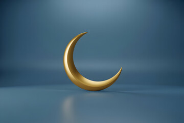Golden crescent moon sculpture on blue background with reflection