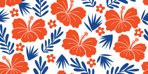 red hibiscus design pattern, blue leaf on white background. hibiscus motif summer patterns for Hawaiian shirts. botanical motif floral hibiscus. beautiful pattern flowers, seamless print.  © Choltita