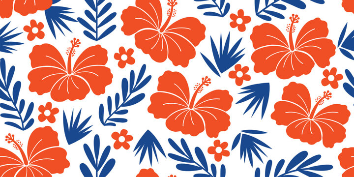 red hibiscus design pattern, blue leaf on white background. hibiscus motif summer patterns for Hawaiian shirts. botanical motif floral hibiscus. beautiful pattern flowers, seamless print. 