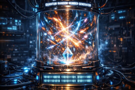 Quantum Random Number Generator Creates Patterns of Light and Data Streams in a Futuristic Setting