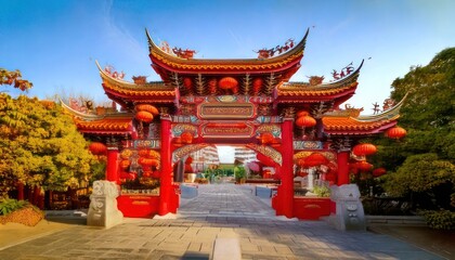 Ornate Chinese Gate with Red Accents and Traditional Design.