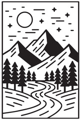 Minimalist black and white mountain landscape with winding river, pine forest, moon and stars. Vector illustration for outdoors t-shirt design, logo, posters, and travel branding. EPS 10.