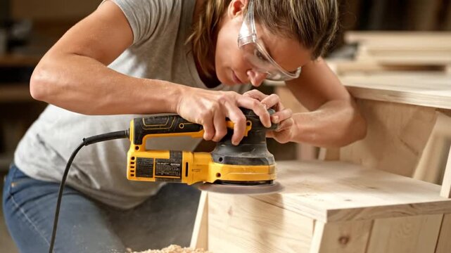 Worker sanding wooden furniture with electric sander