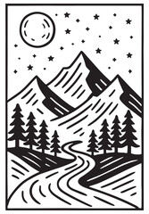 Black and white mountain landscape vector with moon and stars, EPS10. Hand-drawn nature illustration for t-shirt prints, stickers, coloring pages, outdoor adventure posters, and rustic wall art.