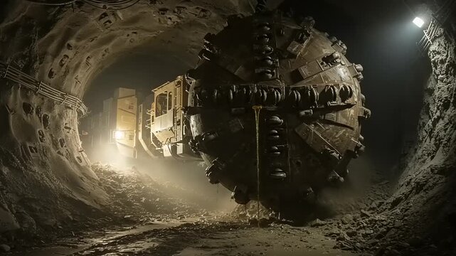 Tunnel boring machine advances through dark underground tunnel