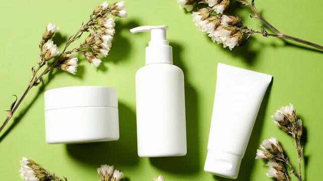 Minimalist Cosmetic Product Display On Light Green Background With White Flowers For Beauty Marketing Promotion 190