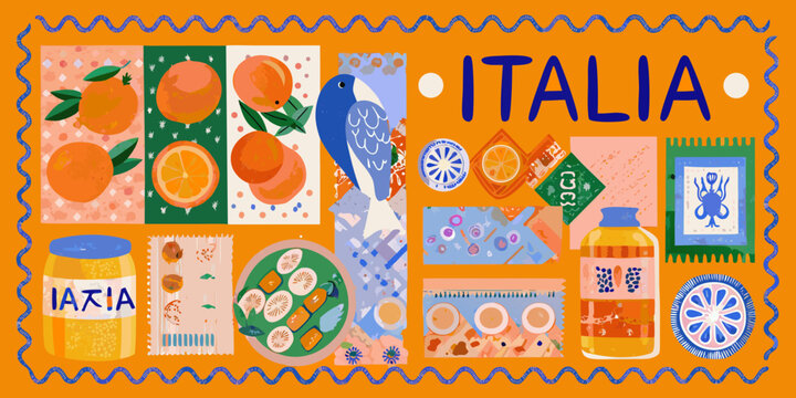 Colorful italian themed postage stamp design with citrus fruits and birds