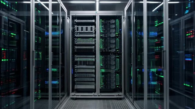 Futuristic data center server room with glowing blue and green lights on racks and cabinets reflecting in glass enclosures and on metal grate floor representing technology innovation and digital