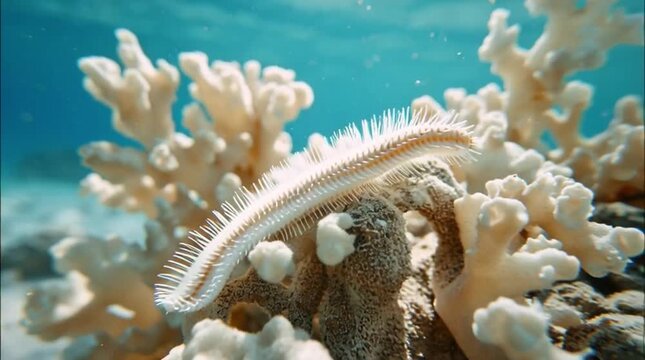 Bearded Fireworm Marine Worm on White Coral in Clear Blue Ocean