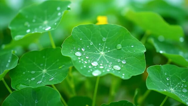 Nasturtium Leaves Displaying Water Droplets after Rainfall or Irrigation in a Lush Green Garden Under Bright Sunlight