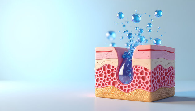 Serum Drop Penetrating Skin Layers Cross Section 3D Illustration, Skincare Absorption and Dermal Treatment Concept