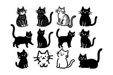 Adorable hand-drawn black and white cartoon cats in playful and sitting poses on a white background, concept of feline charm and cuteness