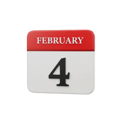 Red and White Calendar Showing February 4th Date, Isolated on Black Background