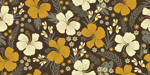 Tropical botanical Seamless pattern. Earth Tones Hibiscus pattern.motif exotic hibiscus design. Hawaiian shirt summer design. Monochromatic floral, Yellow floral patterns. vintage hibiscus flower. © Choltita