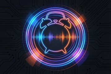 Illuminated clock icon pulsating with sound waves amidst intricate circuit patterns representing digital timekeeping and modern technology in a futuristic design