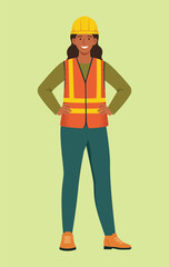 Confident Female Civil Engineer Hero Pose, Hands on Hips, with Blueprints Vector Illustration