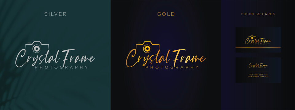 Elegant Script Photography Logo with Camera Icon and Business Card Design