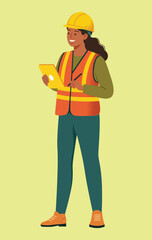 Female Civil Engineer Reviewing Architectural Plans on Digital Tablet