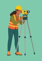 Woman engineer using surveying equipment on a construction site. Female Civil Engineer Using Surveyor Level Theodolite on Tripod