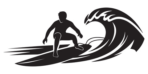 Dynamic Surfing Silhouettes Collection: Vector Set of Surfers Riding Waves and Paddling in Various Action Poses, Surfing vector icon black silhouette white background