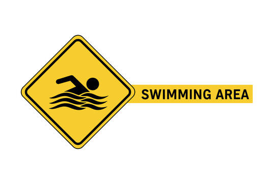 Yellow swimming area sign with a person swimming on a for safety warnings and pool signs