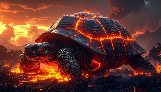 A colossal, ancient tortoise with a shell glowing like molten lava lumbers through a desolate volcanic landscape under a dramatic, fiery sky, symbolizing primeval strength and elemental might