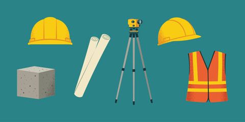 Construction Site Tools and Safety Equipment Vector Set, Engineering Assets
