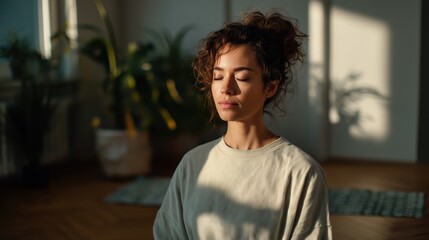 Obraz premium Woman Meditating in Sunlight at Home for Wellness