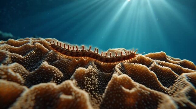 Bearded Fireworm Crawls on Coral Reef Under Dramatic Sun Rays