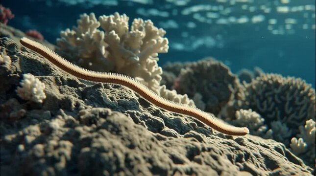 Bearded Fireworm Crawling on Coral Reef Substrate