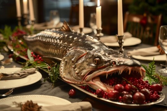 Delicious pike conger fish decorated with red berries lying on a festive table with burning candles, ready for christmas eve dinner