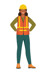 Confident Female Civil Engineer Hero Pose, Hands on Hips, with Blueprints Vector Illustration