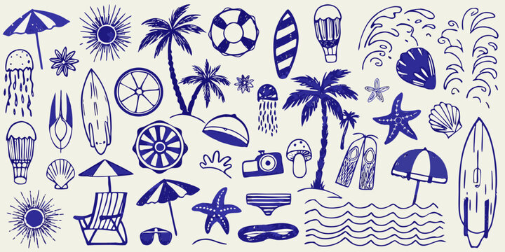 Charming blue doodle collection featuring summer themed icons and beach elements