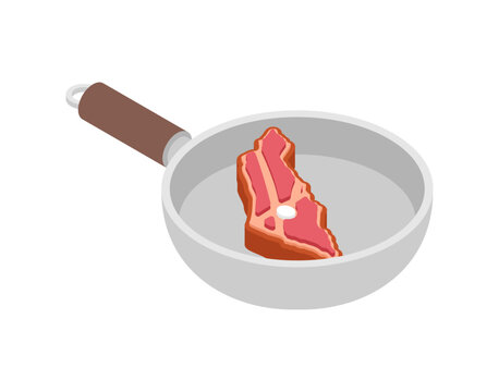 beef steak shaped like the geographical map of Israel being cooked in a frying pan. Creative food concept for Israeli cuisine, kosher meat production, and Middle Eastern gastronomy