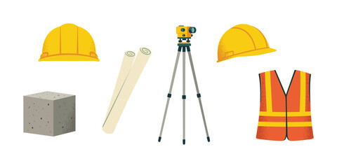 Construction Site Tools and Safety Equipment Vector Set, Engineering Assets