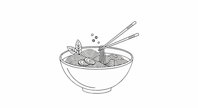 Hand drawn illustration of a bowl of noodles with chopsticks.