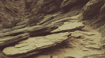 Dust coating the surface of a dry weathered rock face with layered strata and rocky texture