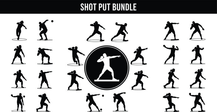 Shot put bundle featuring athlete silhouettes in various throwing poses, isolated vector elements for track and field sports competition design.