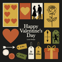 Valentine&rsquo;s Day Design Elements Collection with Hearts, Rose, Gift and Couple Silhouettes. Perfect for greeting cards, posters, social media posts, invitation, branding, and romantic holiday promotion