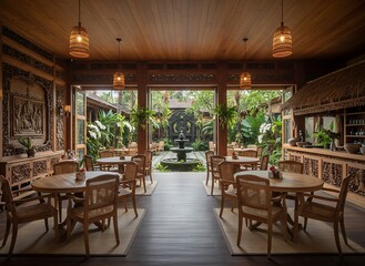 Fototapeta premium Secluded tropical restaurant with cozy wooden tables and lush garden view