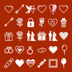 Valentine&rsquo;s Day Icon Set with Hearts, Cupid, Rings and Gifts on Red Background. Ideal for web design, mobile apps, stickers, posters, and romantic themed projects.