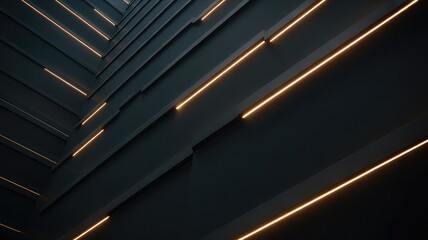 Obraz premium Sleek dark geometric panels are illuminated by striking parallel orange glowing lines.