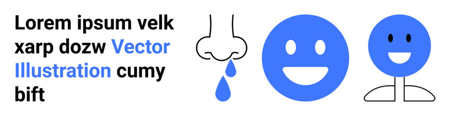 Emotions, hygiene, health, body language, facial expressions, minimalist design. Blue happy face, nose with droplet and a basic stick figure. Emotions and hygiene concepts