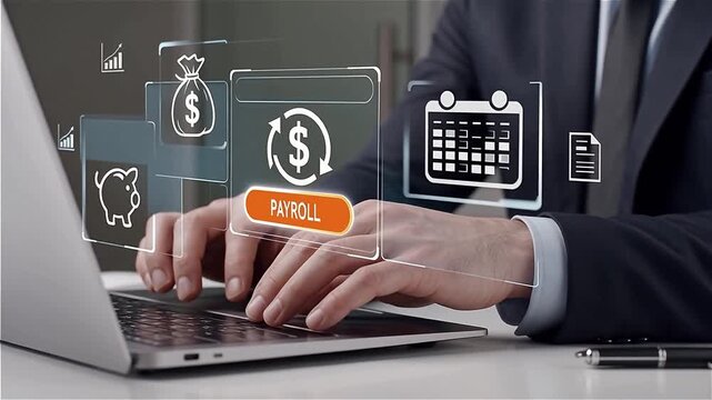 Businessman using laptop for online payroll management and financial accounting with digital icons representing salary and human resources on office background vertical for business marketing content
